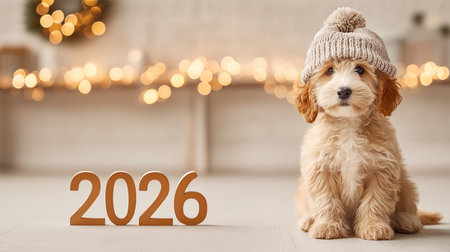 Cute Puppy Sitting Next to '2026' with Christmas Bokeh Lights.の素材