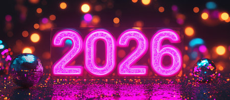 Neon text 2026 with disco ball and sparkles.の素材