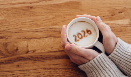 Woman in warm sweater enjoying coffee with 2026 on foam.の写真素材