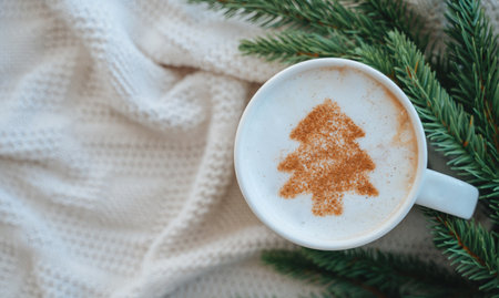 White mug of cappuccino with a cinnamon Christmas tree design dusted on the milk foam for a holiday treatの写真素材