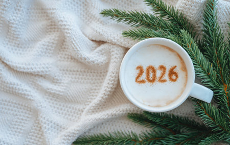 Coffee mug with milk foam and the numbers 2026 visible, set against a festive New Year's backgroundの写真素材