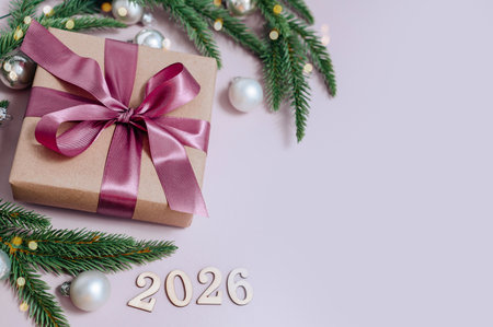 Gift box with bow and fir branches, Christmas decorations, space for text