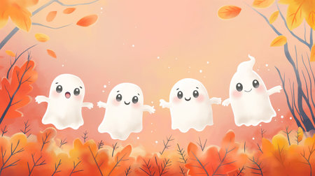 Halloween with cute ghosts. Flying spirits, phantoms on a Halloween background. High quality photoの素材