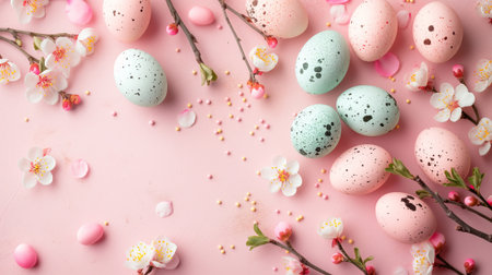 A pink background with colorful Easter eggs, creating a cheerful and festive atmosphere for Easter celebrations . High quality photoの素材
