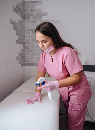 Hair removal specialist cleaning treatment table in salon before client procedure.の写真素材