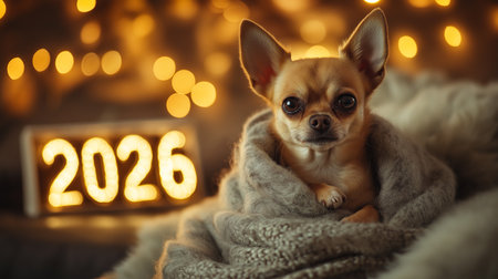 Chihuahua wrapped in blanket with 2026 numbers, cozy New Year mood.の素材