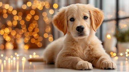 Happy cute puppy sitting on white floor, adorable pet portrait.の素材