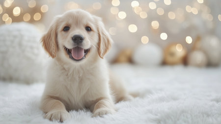 Happy cute puppy sitting on white floor, adorable pet portrait.の素材