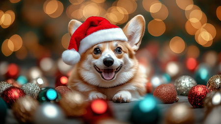 Adorable corgi in Santa hat lying among Christmas baubles, festive mood.の素材