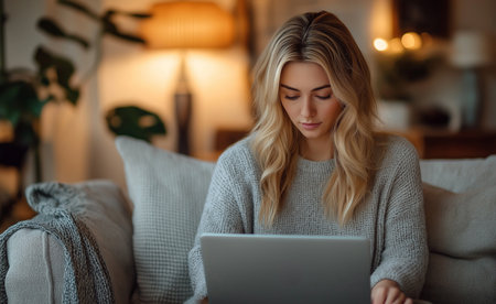 Girl working on laptop on sofa in cozy home interior, remote work lifestyle.の素材