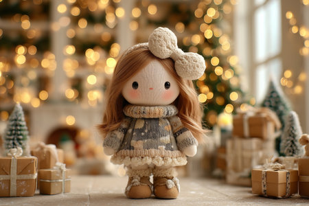 Big doll with bow standing near stack of boxes, festive New Year decoration.の素材