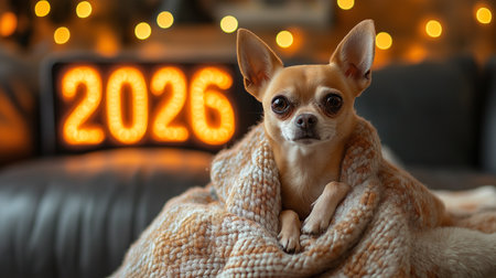 Chihuahua wrapped in blanket with 2026 numbers, cozy New Year mood.の素材