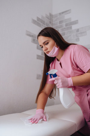 Hair removal specialist disinfecting treatment table in beauty salon.の写真素材