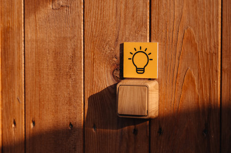Light switch on the wall with a decorative sticker and an illuminated light bulb for home energy conceptの写真素材