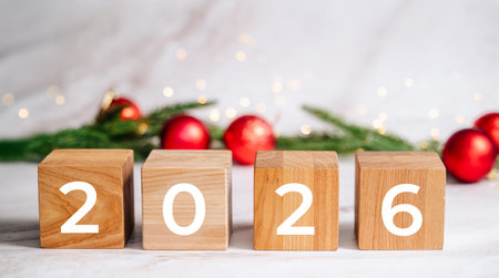 Wooden cubes spelling out the numbers 2026 creating a festive New Year's background and future concept.の写真素材