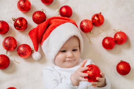 Child in Santa hat sitting near red Christmas balls, festive holiday mood.の写真素材