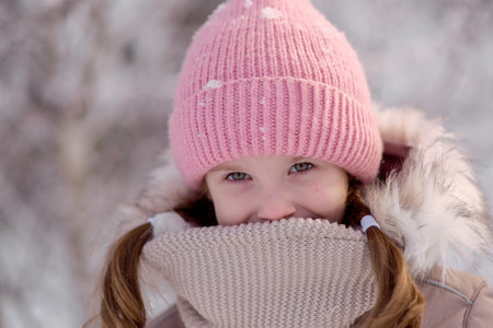 Cute girl in winter knitted hat and jacket playing in snow, joyful childhood moment.の写真素材