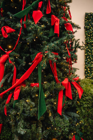 European city street decorated with lights for Christmas, festive holiday mood.の写真素材