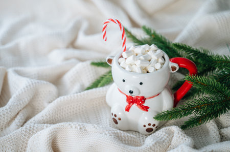 cocoa with marshmallows in a New Year's mug in the shape of a polar bear. High quality photoの写真素材