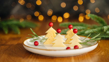 Christmas snack in the form of trees. Delicious cheese with christmas background. High quality photoの写真素材