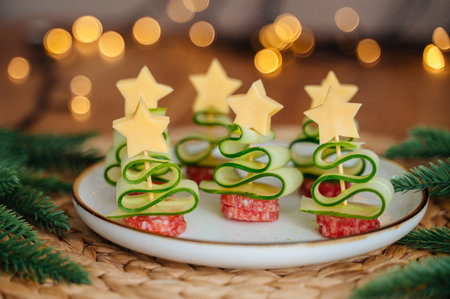 Christmas tree-shaped appetizer with cheese, cucumber, and salami.の写真素材