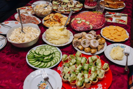Festive New Years table set with assorted holiday dishes and decorationsの写真素材