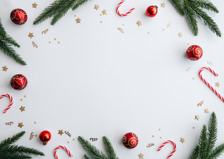 Flat lay New Year composition with fir branches, candy canes, and Christmas balls.の写真素材