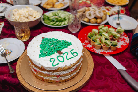 Festive New Years table set with assorted holiday dishes and decorations