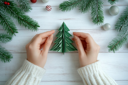 A Girl Making a Christmas Tree Out of Paper. Holiday DIY Crafts and Handmade Decoration.の素材