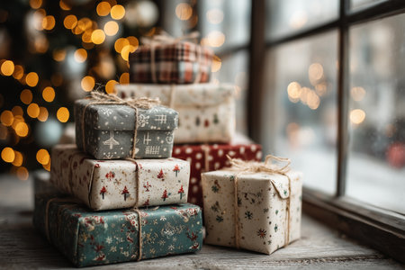 Abundant pile of wrapped Christmas presents under a decorated holiday tree. Festive gift giving and celebration concept.の素材