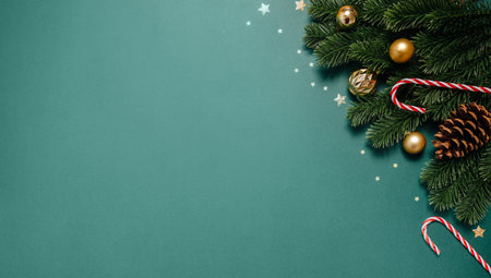 Beautiful festive New Year composition with lush fir branches, sparkling ornaments, glitter accents,...