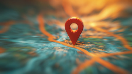 3D geo pin icon casting shadow on a digital map with multiple location markers, technology concept.