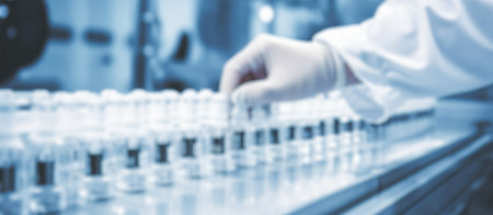 Blurred pharmaceutical production line with moving glass bottles and automated machineryの写真素材