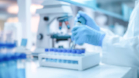 Blurred pharmaceutical production line with moving glass bottles and automated machineryの写真素材