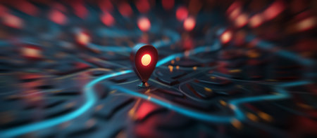 Macro shot of a red location pin on a stylized blue-red mapの写真素材