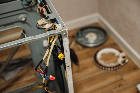 Disassembled washing machine with exposed parts during repair, showing appliance diagnosticsの写真素材