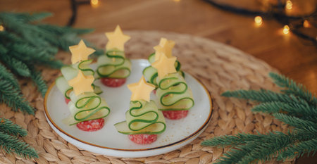 Festive New Year canape shaped like trees and stars with fir branches and lightsの写真素材