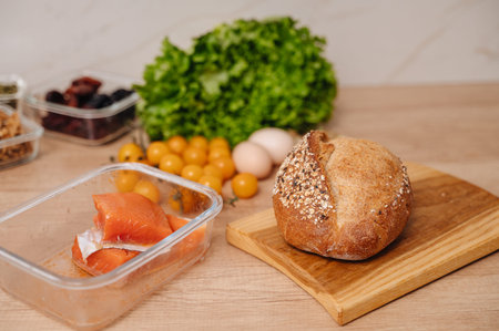 Balanced healthy breakfast with proteins fats and carbohydrates, nutrition concept.の写真素材