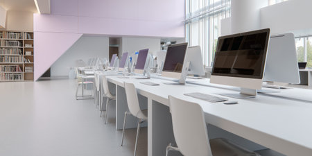 Modern minimalist public computer lab interior with white workstations and airy layout, digital...