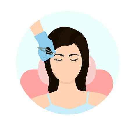 Beautiful female eyes and eyebrows. The eyebrow master is working. Beauty industry, personal hygiene. Vector illustration in flat styleのイラスト素材