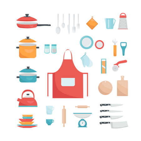 Vector set of kitchen tools. Tableware collection. Lots of kitchen tools, dishes, cutlery. Vector illustrationのイラスト素材