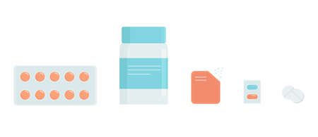 Tablets, capsules, sachet and bottle. Vector medicine illustration in modern flat style.のイラスト素材