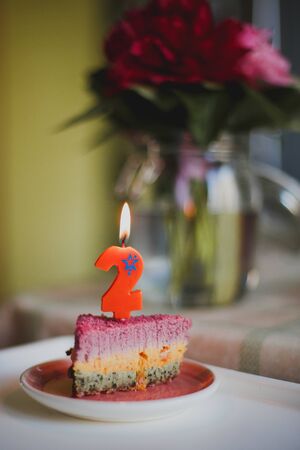 a piece of delicious multi-colored birthday cake with a candle number twoの写真素材