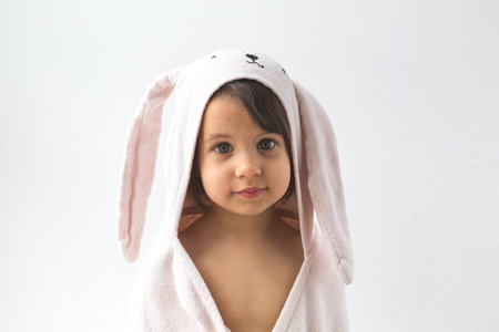 Adorable toddler girl wrapped in a soft pink towel with bunny ears hood, looking at camera with calm expression in cozy indoor light, white background representing childhood, care and cutenessの写真素材