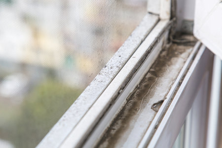 Heavily dust-covered plastic window frame and sill with dirt buildup and stains, visible through mesh screen with blurred urban view, concept of home hygieneの写真素材
