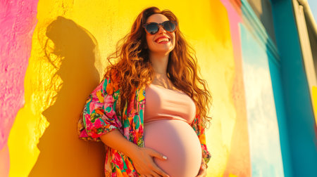 Joyful pregnant woman in sunglasses and vibrant outfit smiling warmly, leaning against a bright pink and yellow wall, radiating happiness and loveの素材