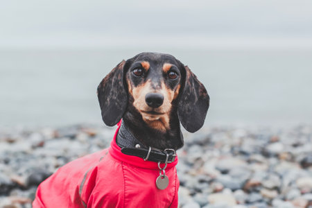Alert black dachshund with dapple coat in pink jumpsuit standing on rocky beach and attentively...