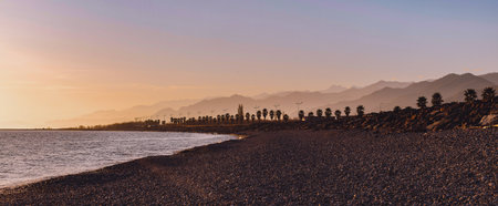 horizontal banner seascape pebble beach, mountains, palm trees and sea in the haze of sunset time, golden hour, sunset on the black sea.の写真素材