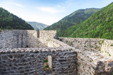 Ancient stone fortress in the lush green mountains of Karadeniz region in Rize, Turkey, offering historical architecture and panoramic views concept of history and travelの写真素材