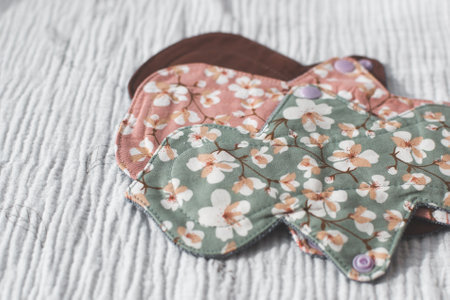 Reusable cloth menstrual pads in green, pink, and brown with cherry blossom floral print, crafted from muslin fabric, placed on a textured fabric surface concept of sustainable hygieneの写真素材